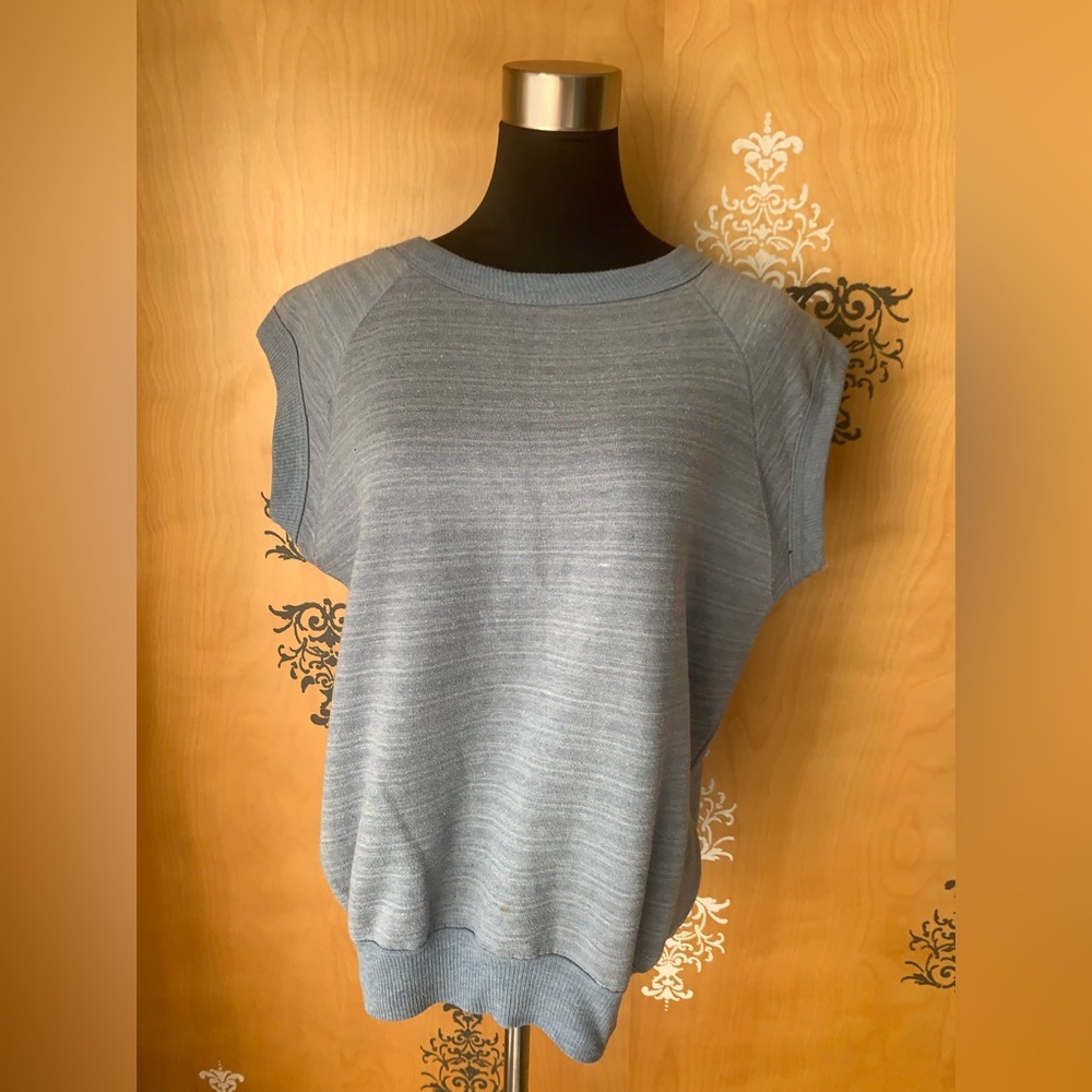 Vintage 80s Blue Cotton Retro Sweater Vest Cap Sleeves Ribbing S/M